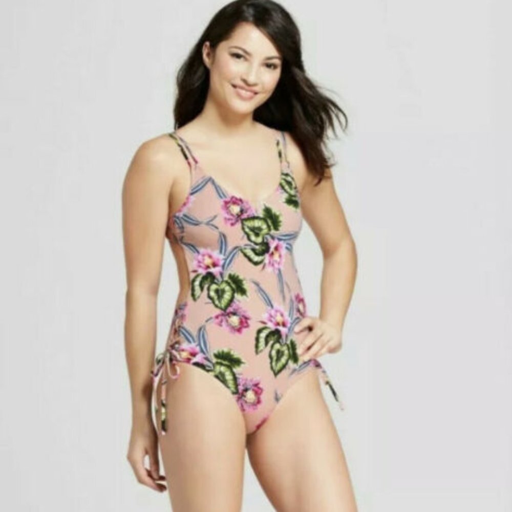 NWOT Tori Praver Swimsuit One Piece Floral Tropical Hibiscus Porcelain M